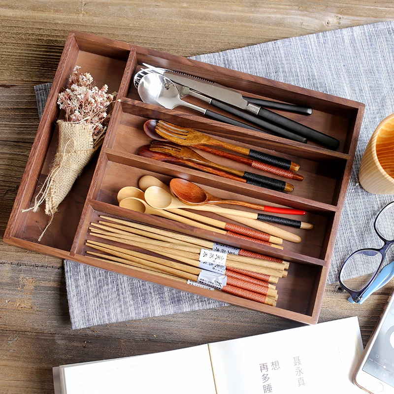 Japanese Style Black Walnut Wood Storage Box Chopsticks Spoon Western Cutlery Flatware Organizer Table Storage