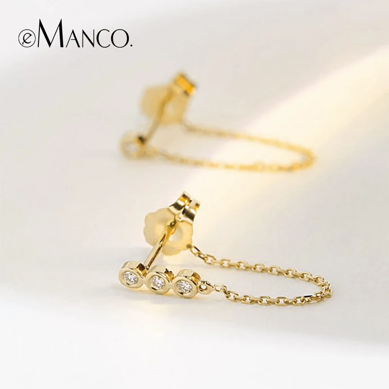 

e-Manco 925 Sterling Silver Drop Earrings Link Chain Dangle Earrings For Women Gold Color Zircon Fine Jewelry Fashion Gifts