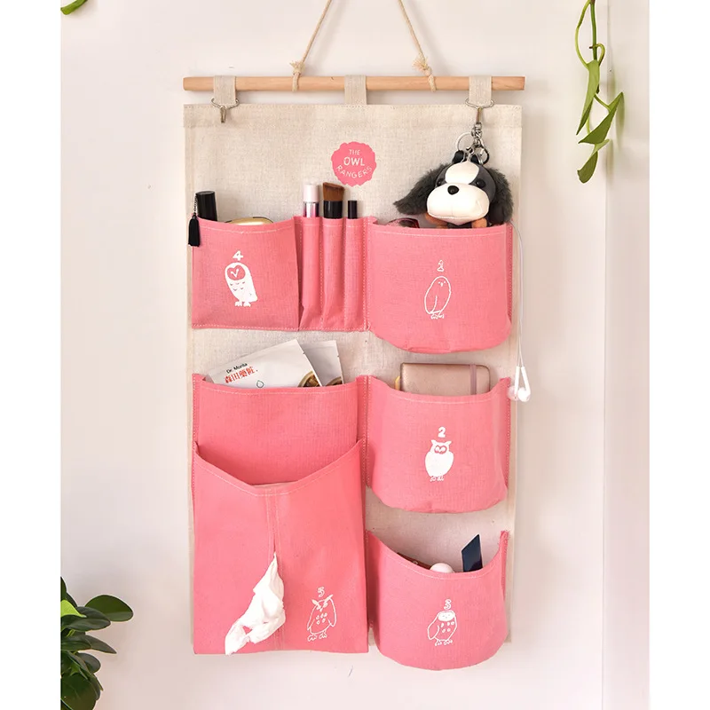 Декоративная хлопковая льняная подвесная сумка для хранения стенной гардероб Сумочка карман на дверь держатель милые игрушки бумажный мешок Органайзер - Цвет: pink
