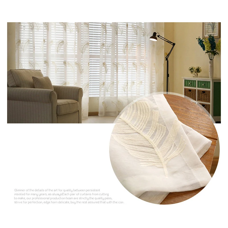 New White/Blue Feather Embroidered Voile Curtains for Living Room the Bedroom Sheer Curtains Tulle Window Fabric Drapes