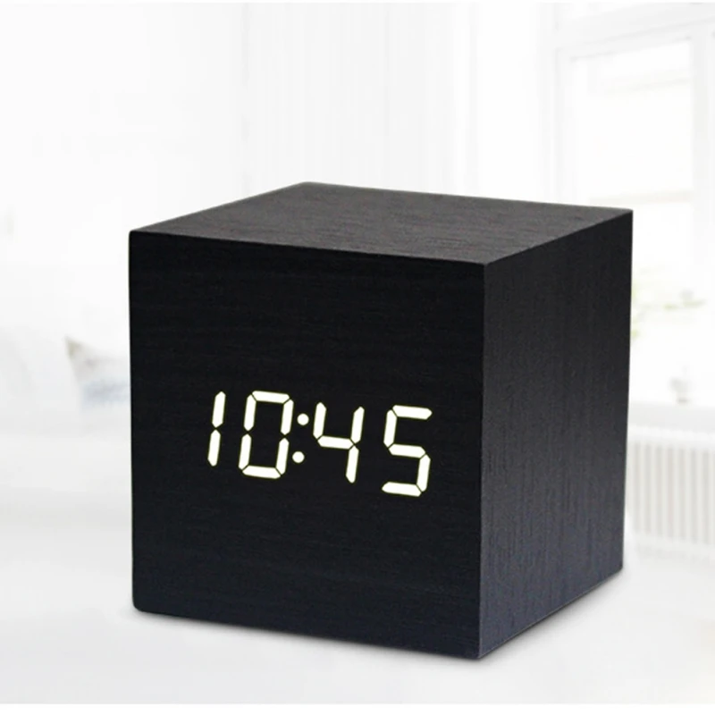 Мини-часы с деревянными звуками, новые современные деревянные цифровые Светодиодный Настольные часы с будильником, прикроватные настольные часы с календарем, настольный декор