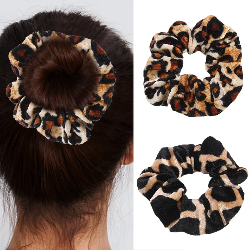 

Winter Velvet Hair Ring Meatball Head For Women Lady Rubber Band Hair Rope Accessories Headwear Leopard Print Scrunchie Girls