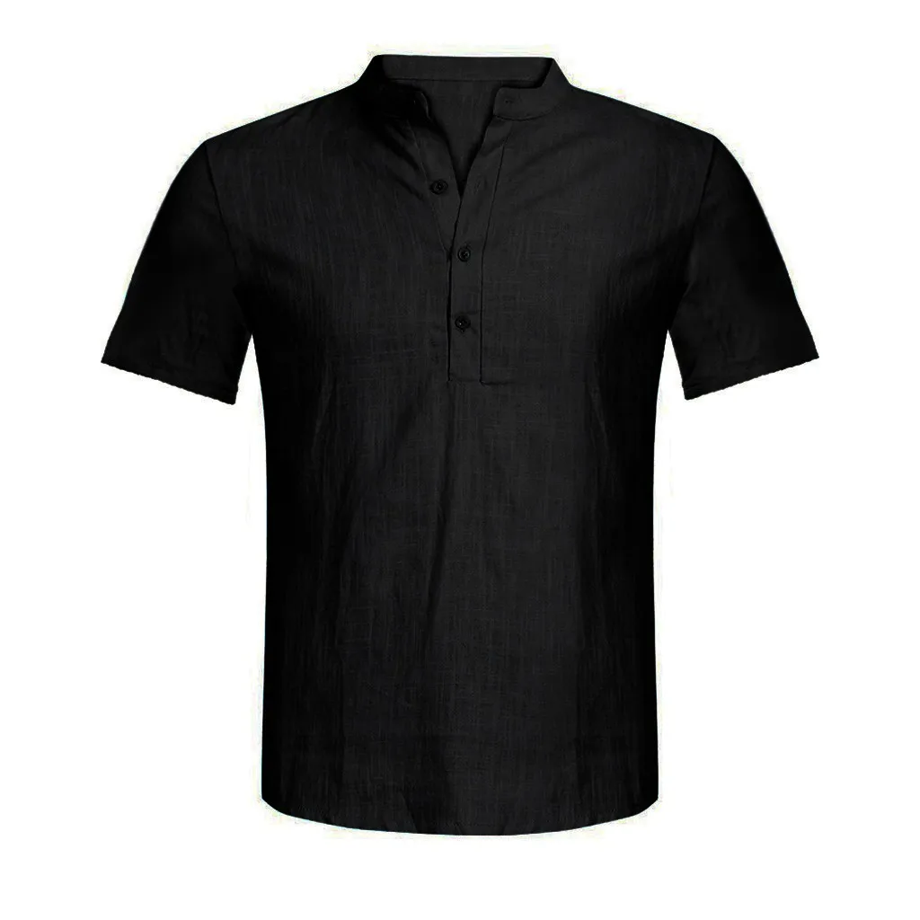 Рубашки льняные рубашки мужские рубашки со стоячим воротником и v-образным вырезом Модные Гавайские рубашки Chemise Homme мужская одежда Camisa Masculina - Цвет: Черный