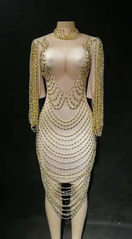 Dress Женское сексуальное Новое дизайнерское Золотое Платье с цепочками вечернее платье День рождения, празднование костюм для выступления певца бусины танцевальное платье - Цвет: Dress