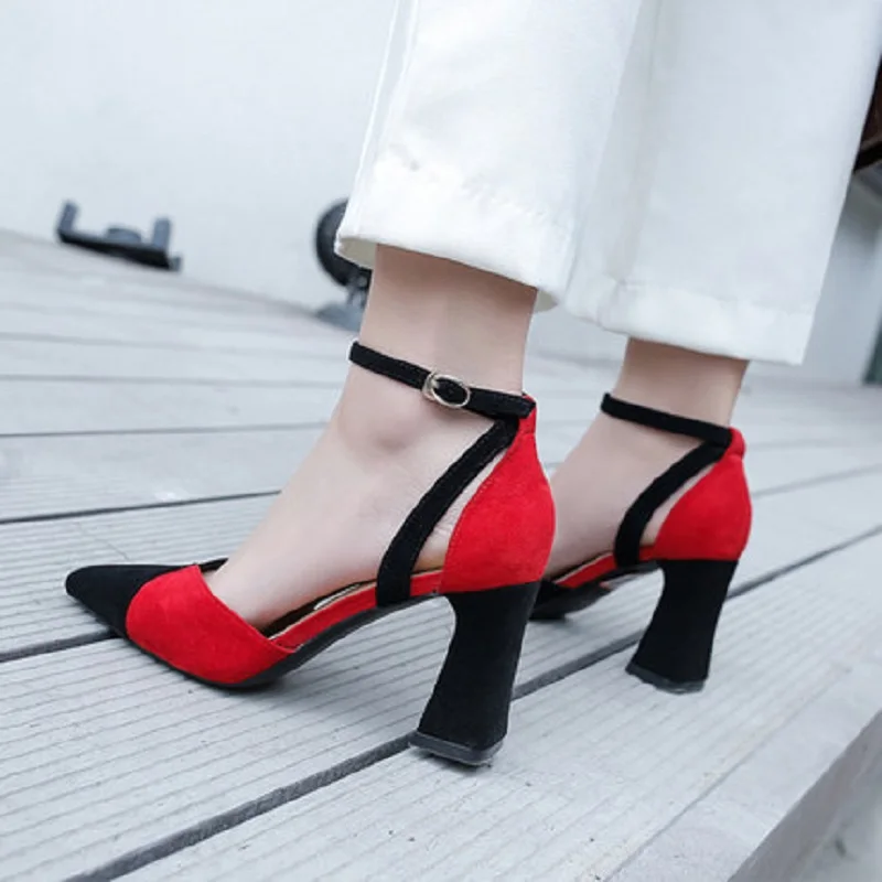 

2019 spring new color matching pointed single shoes suede thick with a word buckle with shoes high heels