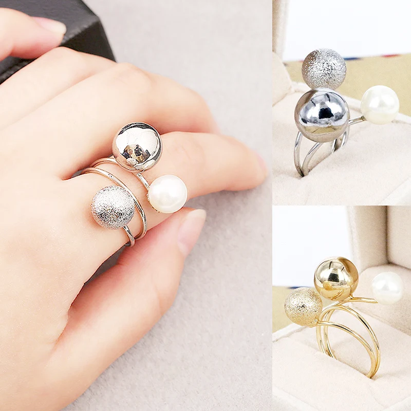 

2018 New Arrival 1PC Korean Silvery Golden Simulated Pearl Adjustable Elegant Lovely Women Girls Metal Balls Rings Allergy Free