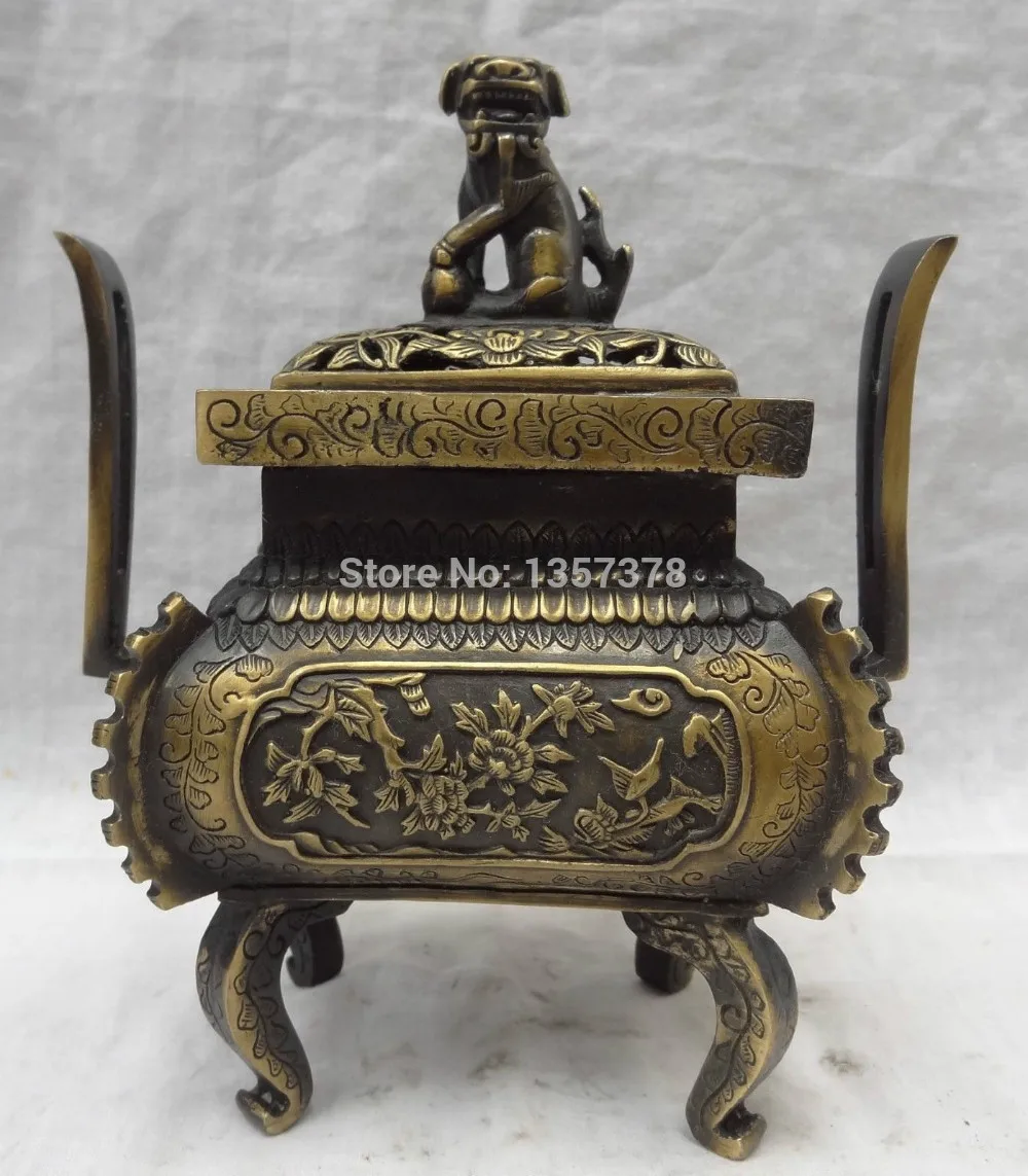 

shitou 00459 8" Chinese Bronze Lion Ball Statue Flower Bird Rectangle Incense Burner Censer discount 30% (C0324)