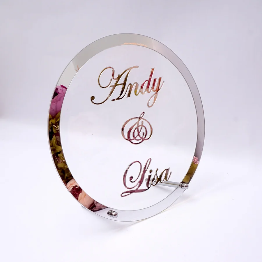 Makeup Mirror Wooden Wedding Table Cards Room Decoration Round Wedding Name Personalized Mirror Frame Acrylic Babyshower Word Sign Circle Shape Party Decor With Nail Guest Gifts
