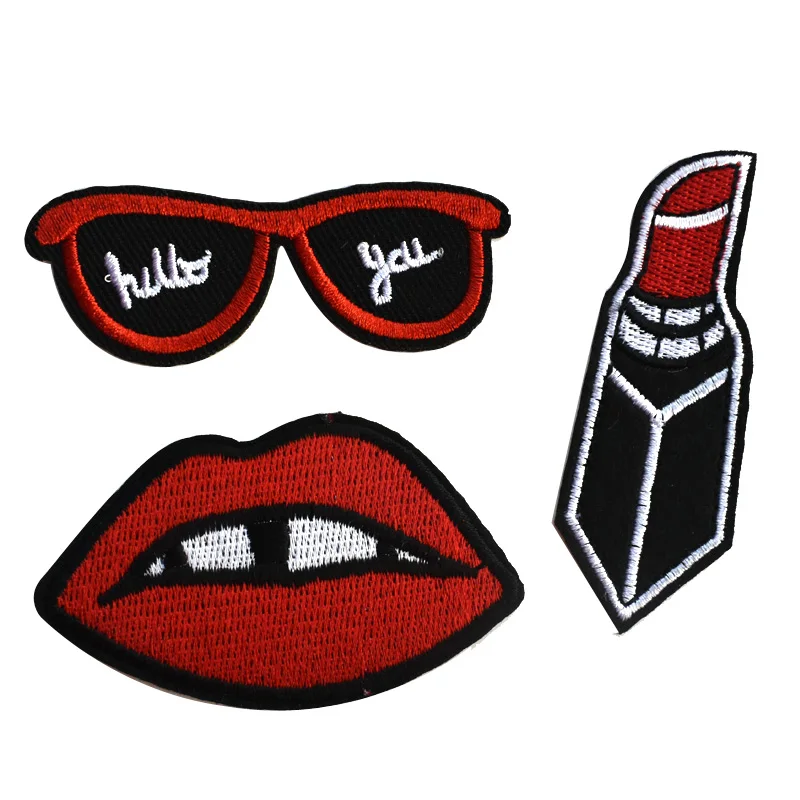 3PCS Glasses Embroidery Patches Mouth lipstick Patch Summer Fabric