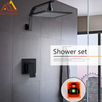 

Quyanre Blackend Shower Faucet Set Gooseneck Shower Arm Brass Rainfall Shower Head Embedded Box Hot Cold Water Mixer Tap Shower