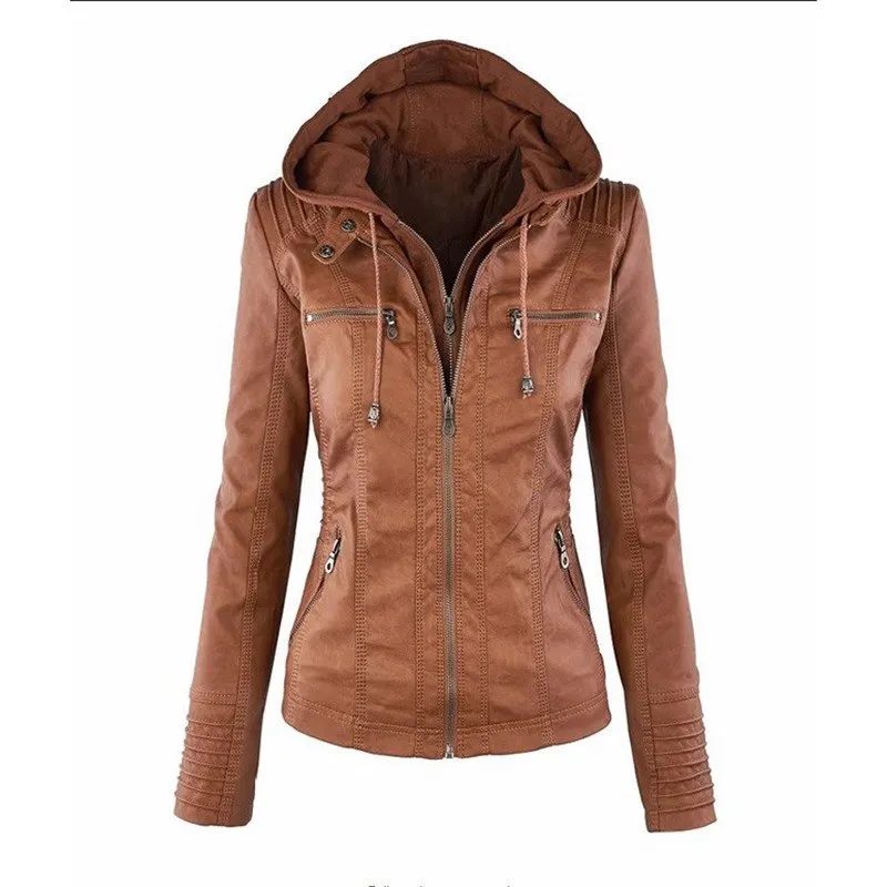 SHUJIN Женская куртка из искусственной кожи, осенняя мотоциклетная куртка размера плюс, женская кожаная куртка с капюшоном, Повседневная Уличная одежда, плащ-ветровка - Цвет: Khaki