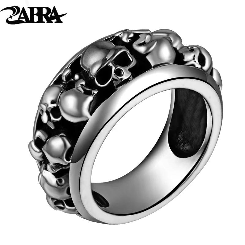 Gothic 100% Real 925 Sterling Silver Ring for Men with Many Skulls Boys Vintage Cool Punk Style Thai Silver Skeleton Rings Band