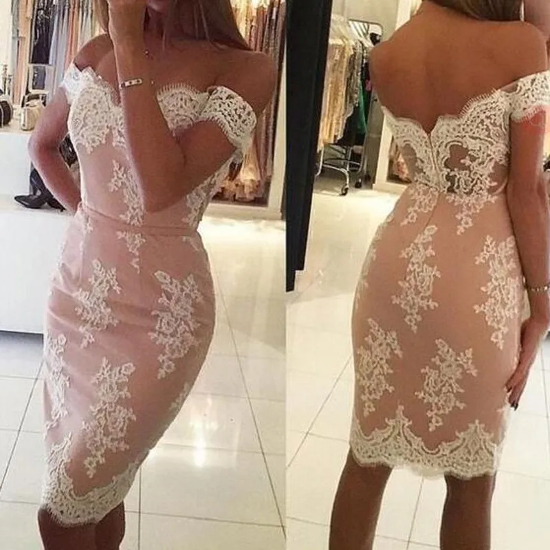 

Knee Length Short Cocktail Dresses with Appliques Lace Off Shoulder Sheath Contrast Color Robe Sexy Prom Party Gowns