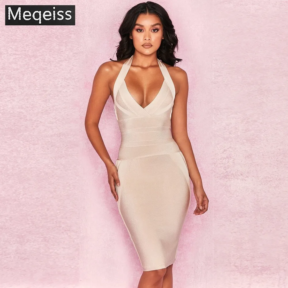 

Newest Fashion women dress khaki Halter backless hollow out pencil sexy bodycon bandage dress evening club party dresses vestido