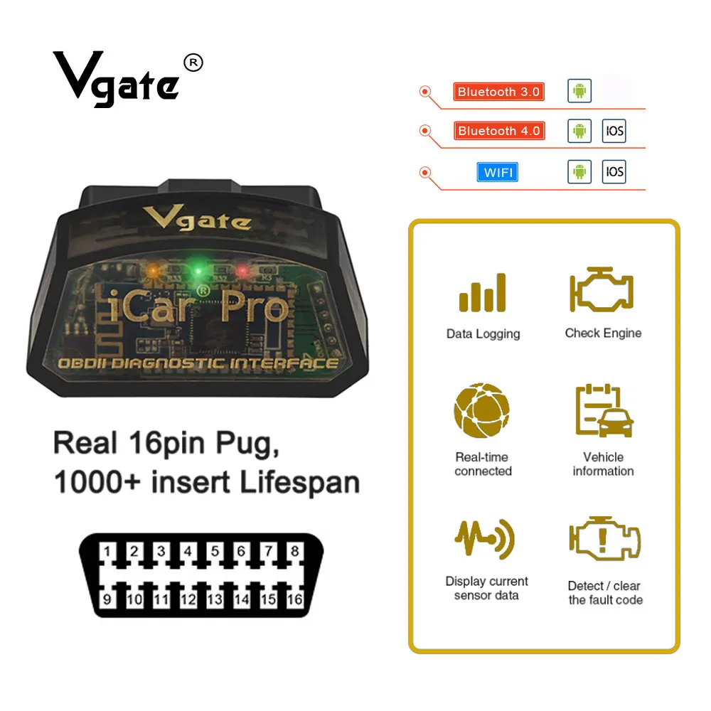 

Vgate iCar Pro OBD2 elm 327 Bluetooth 4.0 car diagnostics obd obd2 scanner for IOS/android PK elm327 v1.5 odb2 scaner automotivo