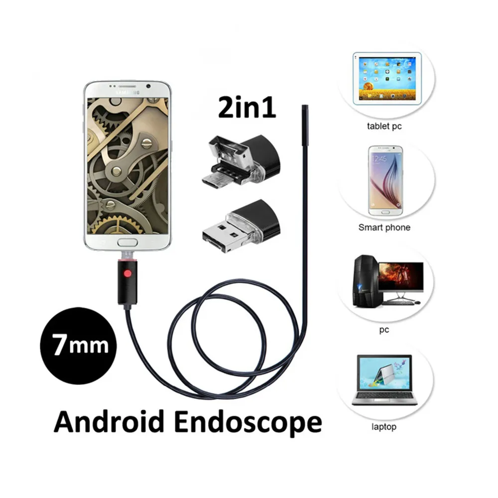 

Endoscope Camera 2 in 1 USB For Smartphone Snake USB Inspection Boroscope Car Ear Detection 7.0 mm 6 led 2m 5m 10m Cable Length