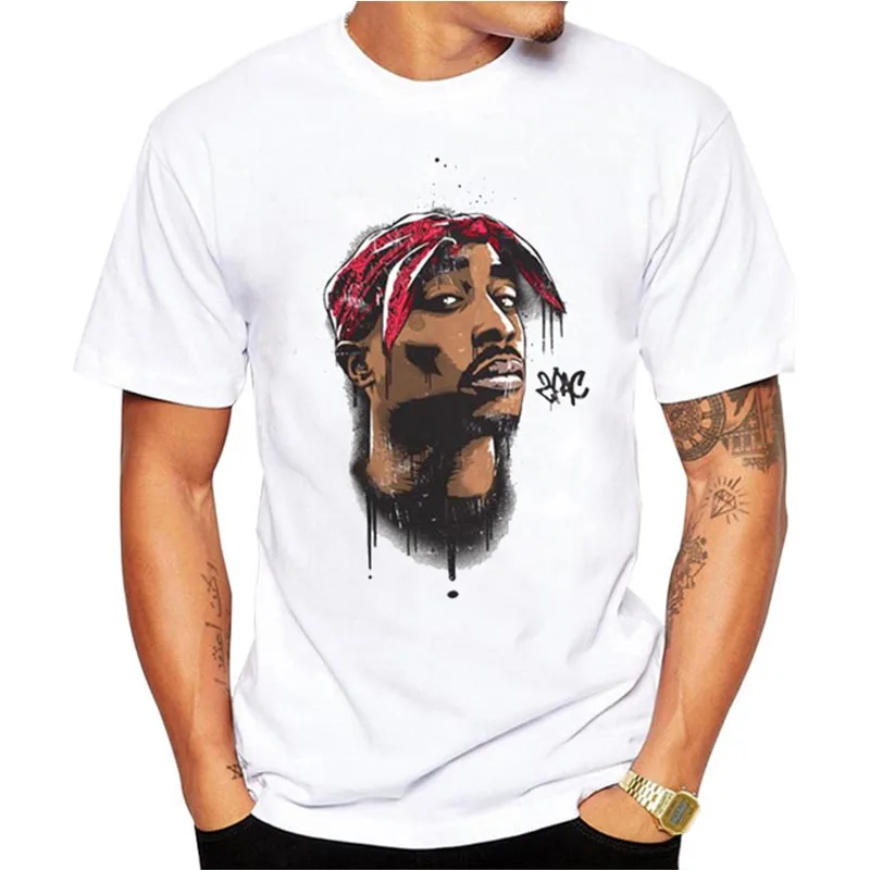 

Hecoolba 2019 Men's print tupac 2pac T-shirt Short sleeve O-Neck White Tshirt Hip Hop Swag harajuku Streetwear T shirt