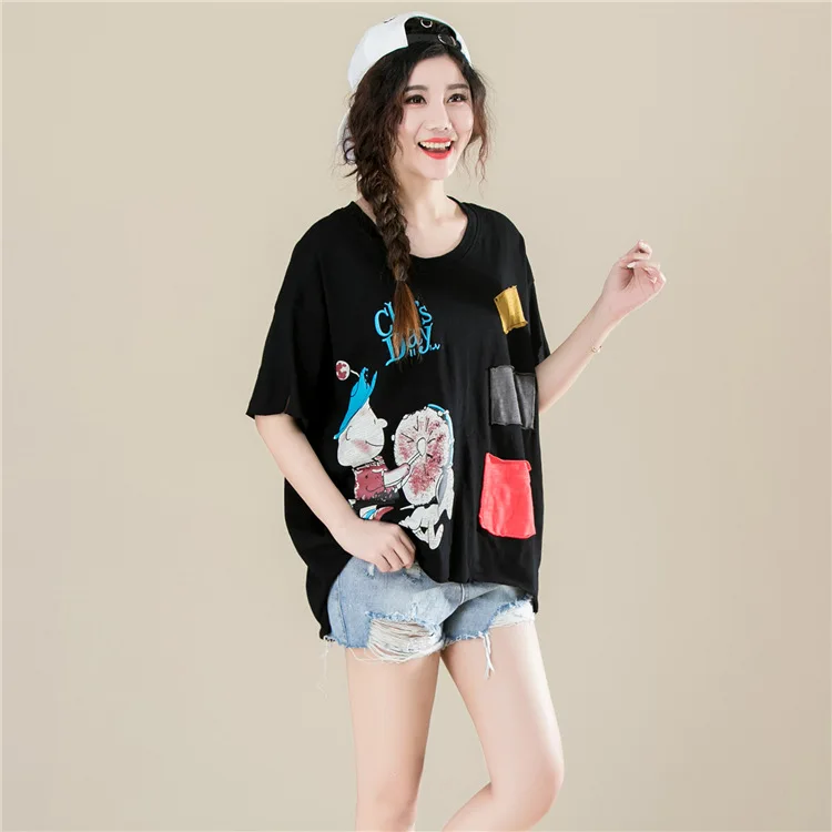 2018 Summer Back Pocket Short Sleeve Oversize T Shirt Women Korean Casual Loose Print Tops Plus Size White Black Red T Shirt