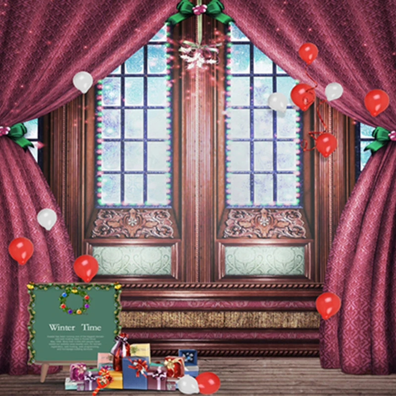 

Wood Floor Curtain Fabric at Window Indoor Christmas Stage Backdrops Winter Holiday Time Children Photo Backgrounds 150cm*200cm