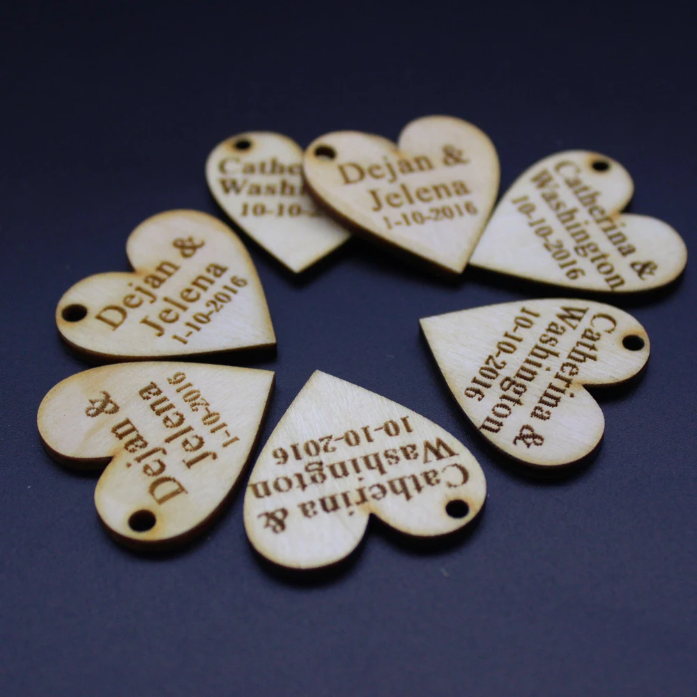 Wooden Wedding Table Cards 60 Pieces Personalized Engraved Wood Hangs Love Heart Centerpieces Wedding Table Decoration Favors Candy Tags