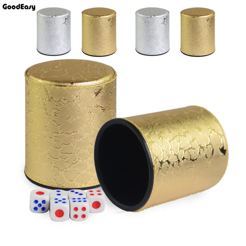 

Hot Gold&Silver Leather+Plastic Dice Cup Set and 6pcs red Acrylic Dices with lid Gambling Poker Drinking Board Game Dice Box