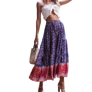 

Summer Boho Skirt High Waist Floral Printed Women Skirts Fashion 2019 Casual Elascity Waist Pleated Skirt Blue Jupe Longue Femme