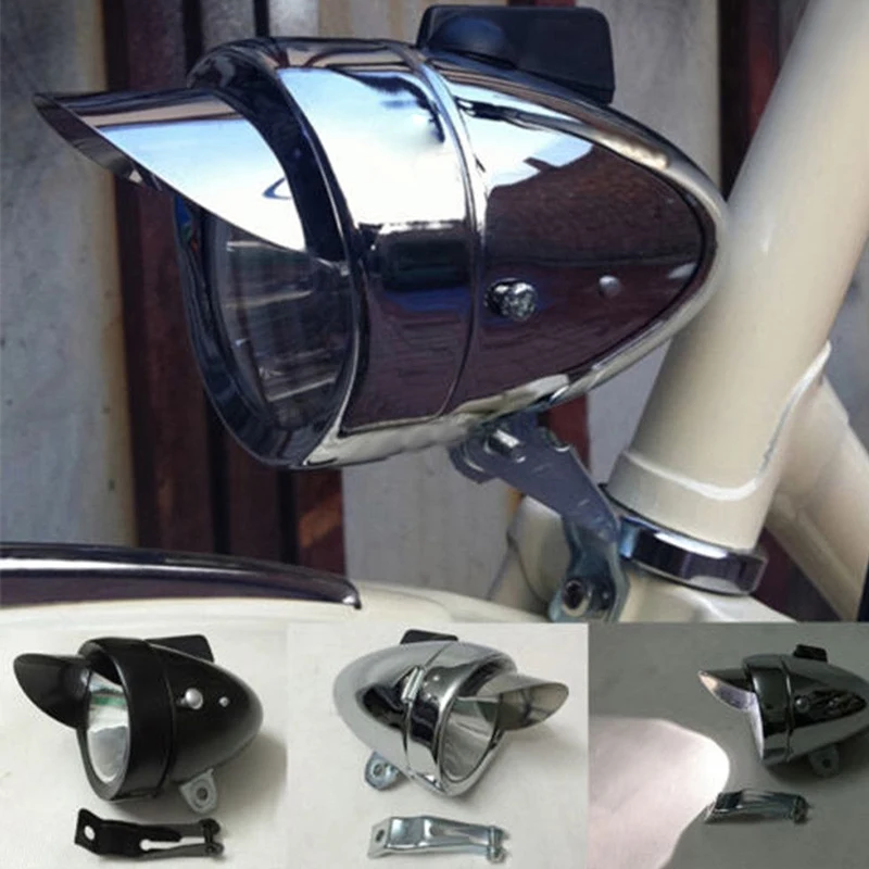 Head Lamp Universal Bicycle White Black/Silver Kit Battery Flashlight LED Front Fog Light Metal Chrome Classic