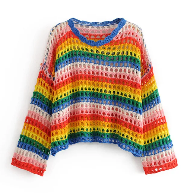 Jastie Rainbow Stripe Hollow out Crochet Sweater Pullover O Neck Long