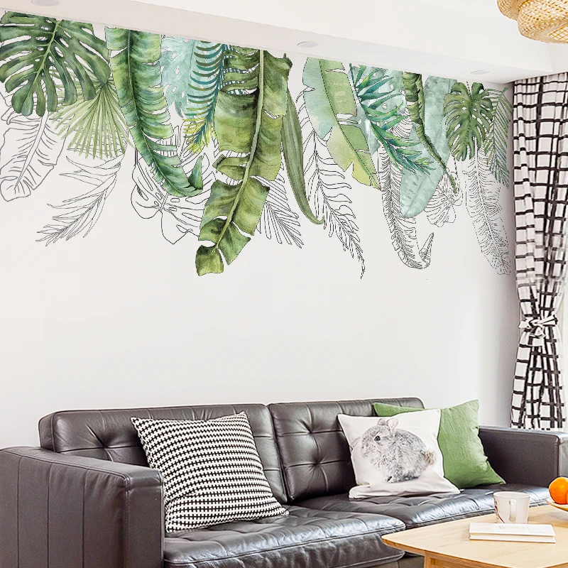 Наклейки на стену в скандинавском стиле с зелеными тропическими листьями для гостиной, спальни, кухни, комнаты, художественное украшение, самоклеющиеся