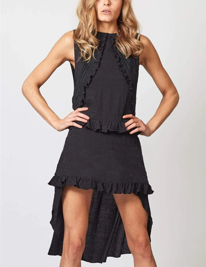 Gladiolus Ruffle Women Summer Dress Sleeveless Lace Decoration Belt Tunic Irregular White Black Dress Women 2019 Ladies Dresses  (31)