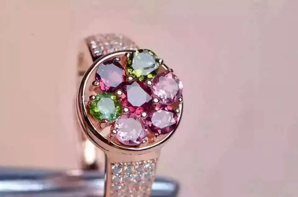 

Natural multicolor tourmaline gem Ring Natural gemstone ring 925 sterling silver trendy circular rotation women party Jewelry