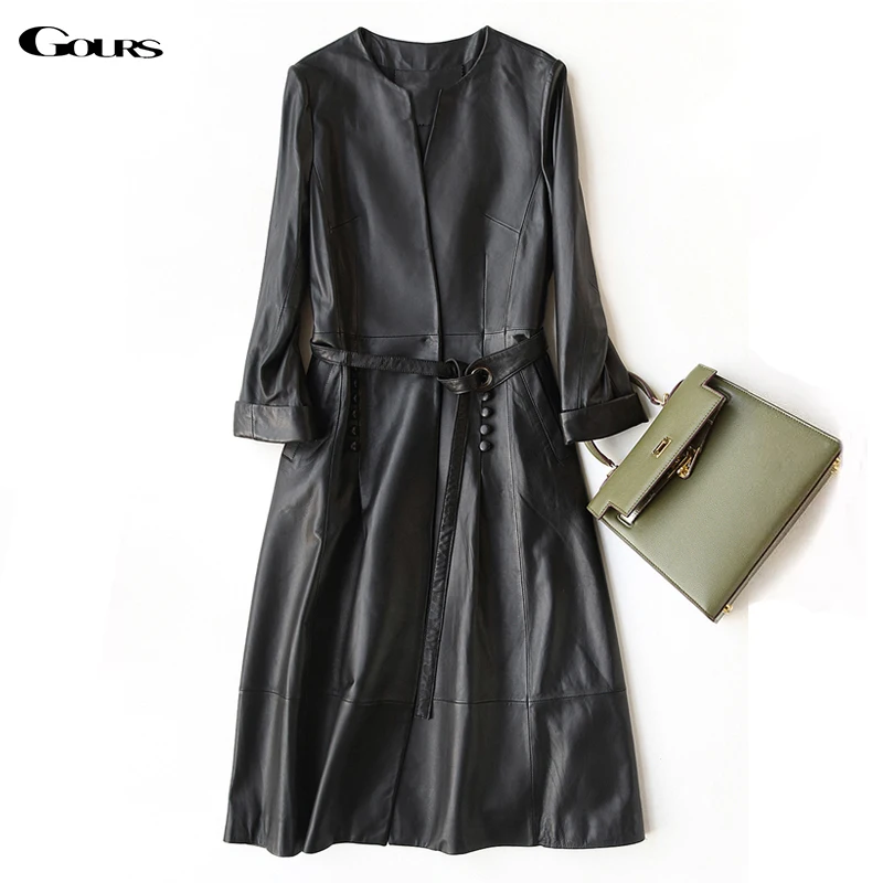 Gours Genuine Leather Coat for Women Spring Fashion Classic Long Sleeve Slim Coat Ladies Leather Windbreak Sheepskin Jacket