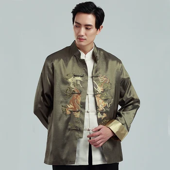 

2020 New Male Satin Outwear Chinese Style Embroidery Dragon Jacket Men Double Breasted Kung Fu Coat M L XL XXL XXXL 2318