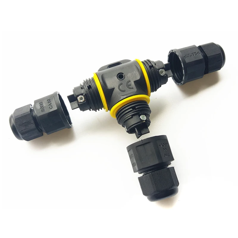 

Mayitr IP68 Waterproof Connector 3 Way T Shape Junction Box Connector 20A 450V Cable Wire Gland Sleeve Connector For Led Lights