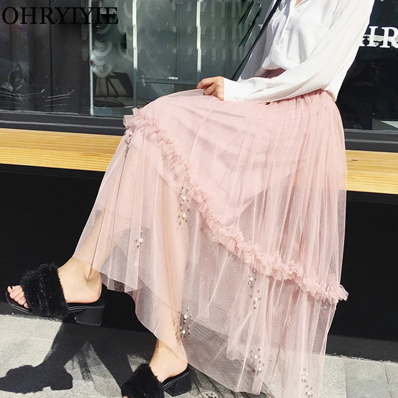 

OHRYIYIE Tulle Beading Skirt Women 2019 New Spring Autumn Tulle Skirts Female Pearl Beading Tutu Skirts Pleated Skirt Femme