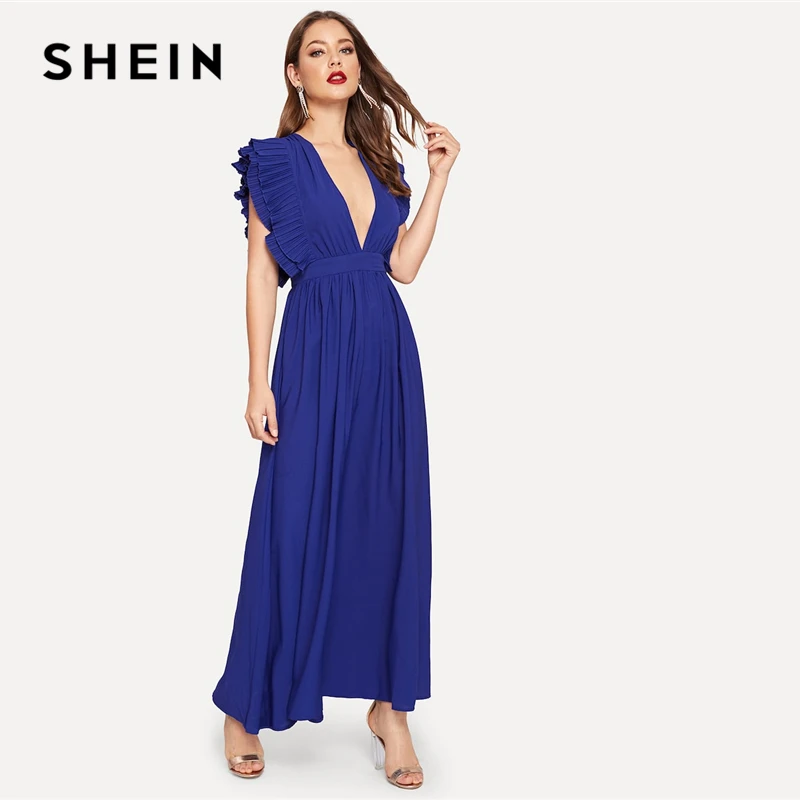 SHEIN синее платье без рукавов с глубоким v-образным вырезом и оборками, женское платье, летнее ТРАПЕЦИЕВИДНОЕ ПЛАТЬЕ С Высокой Талией