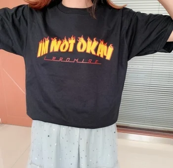 

kuakuayu HJN Unisex Tops I'm Not Okay Flame Funny T-Shirt Summer Style Unisex 90s Hip Hop Loose Short Sleeve Black Tee