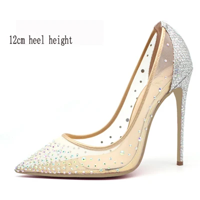 Carollabelly/Брендовая обувь; шикарные пикантные дизайнерские туфли-лодочки с острым носком; женские вечерние туфли на высоком каблуке-шпильке из сетчатого материала; свадебные туфли на тонком каблуке - Цвет: silver 12cm