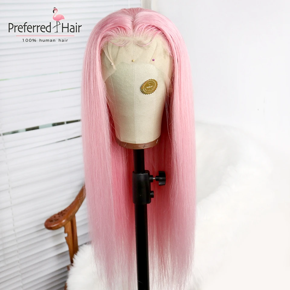 Предпочтительный розовый парик человеческих волос красный цвет бесклеевой прямой парик шнурка с волосами младенца Remy парики из
