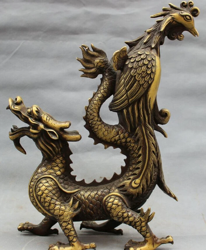 

song voge gem S4914 15" Chinese Bronze FengShui Siamesed Dragon Phoenix Statue Animals Sculpture