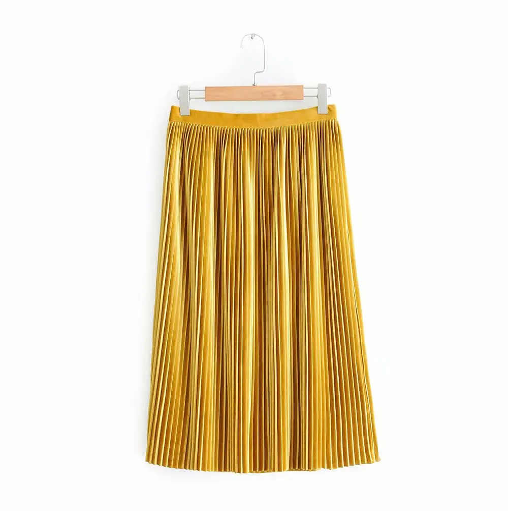 Новое поступление, женские модные длинные плиссированные юбки длиной до лодыжки, женские весенние, зимние, Осенние винтажные бархатные юбки с высокой талией, желтые