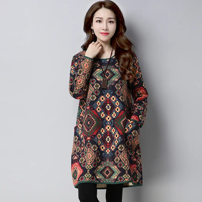 ilstile 2017 Women Long Sleeve Floral Print Casual A-Line Midi Dress Plus Size Cotton Linen Dress Warm Kaftan Autumn Winter NEW plus-floral-dress : image ilstile 2017 Women Long Sleeve Floral Print Casual A-Line Midi Dress Plus Size Cotton Linen Dress Warm Kaftan Autumn Winter NEW plus-floral-dress