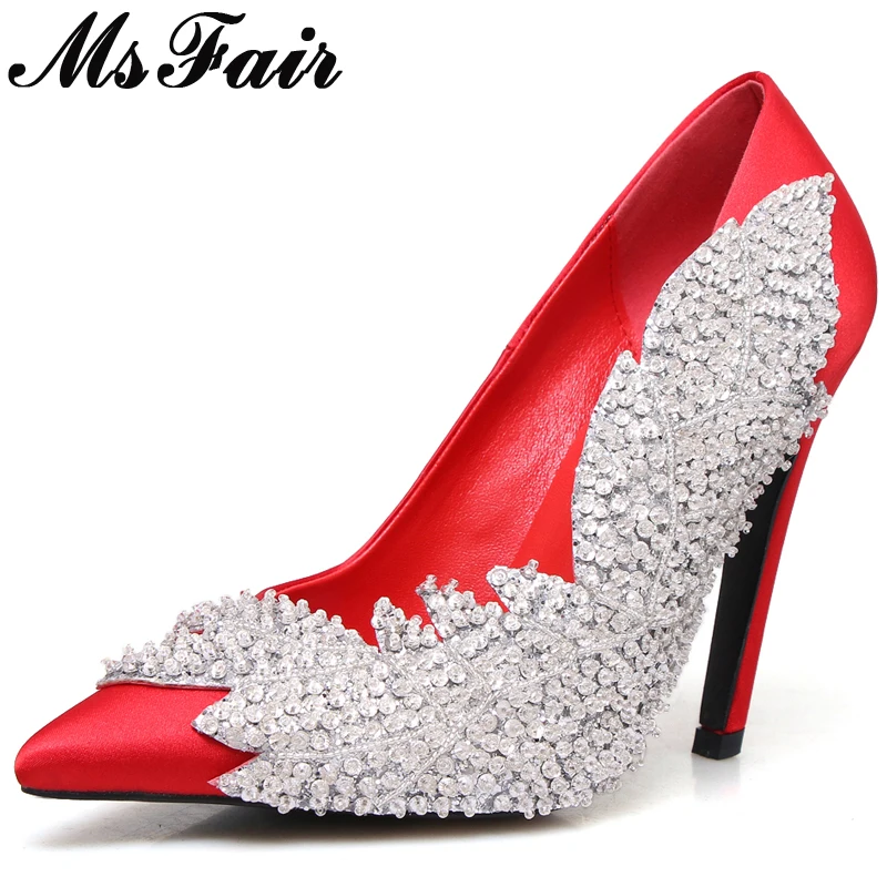 

MSFAIR Pointed Toe Thin Heels Women Pumps Shallow Appliques Extreme High Heels 2018 Spring Crystal High Heel Women's Pumps