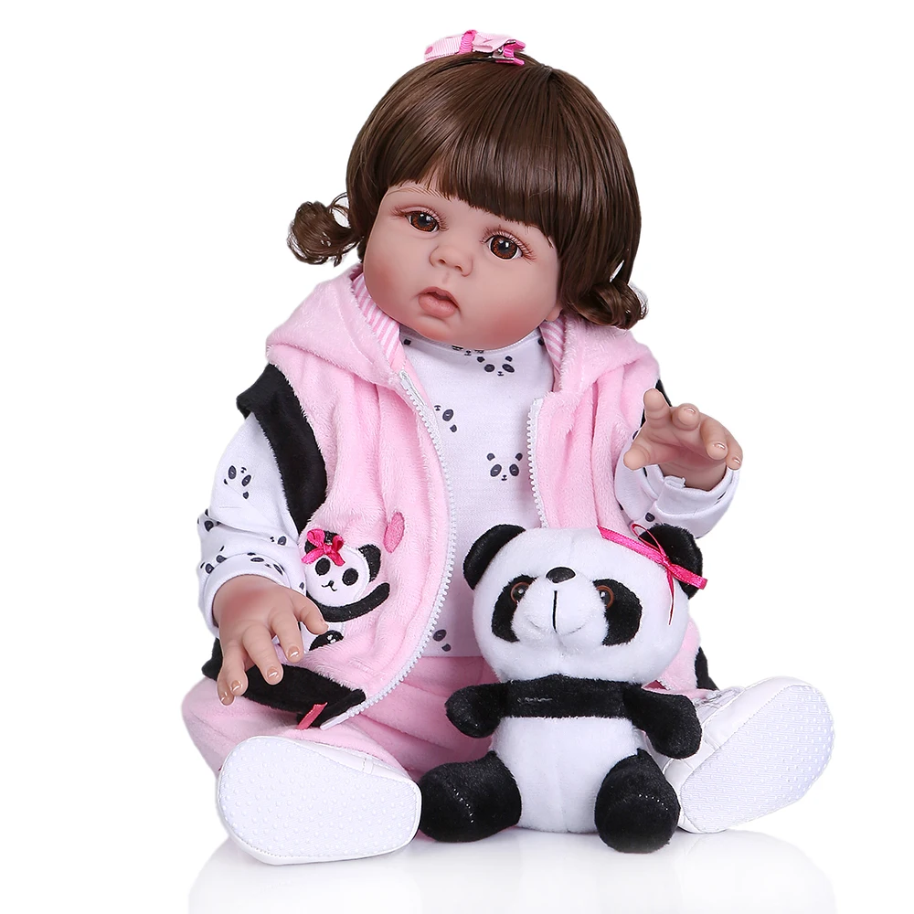 curly hair 49CM bebe doll reborn toddler girl doll baby girl in panda dress full body soft silicone realistic baby bath toy