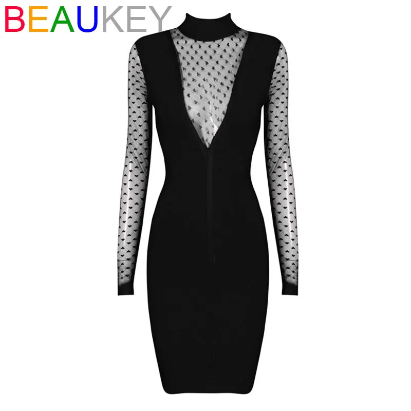 

Rayon High Neck Black Long Sleeve Mesh See Through 2016 New Fashion Sexy Bodycon Bandage Dress