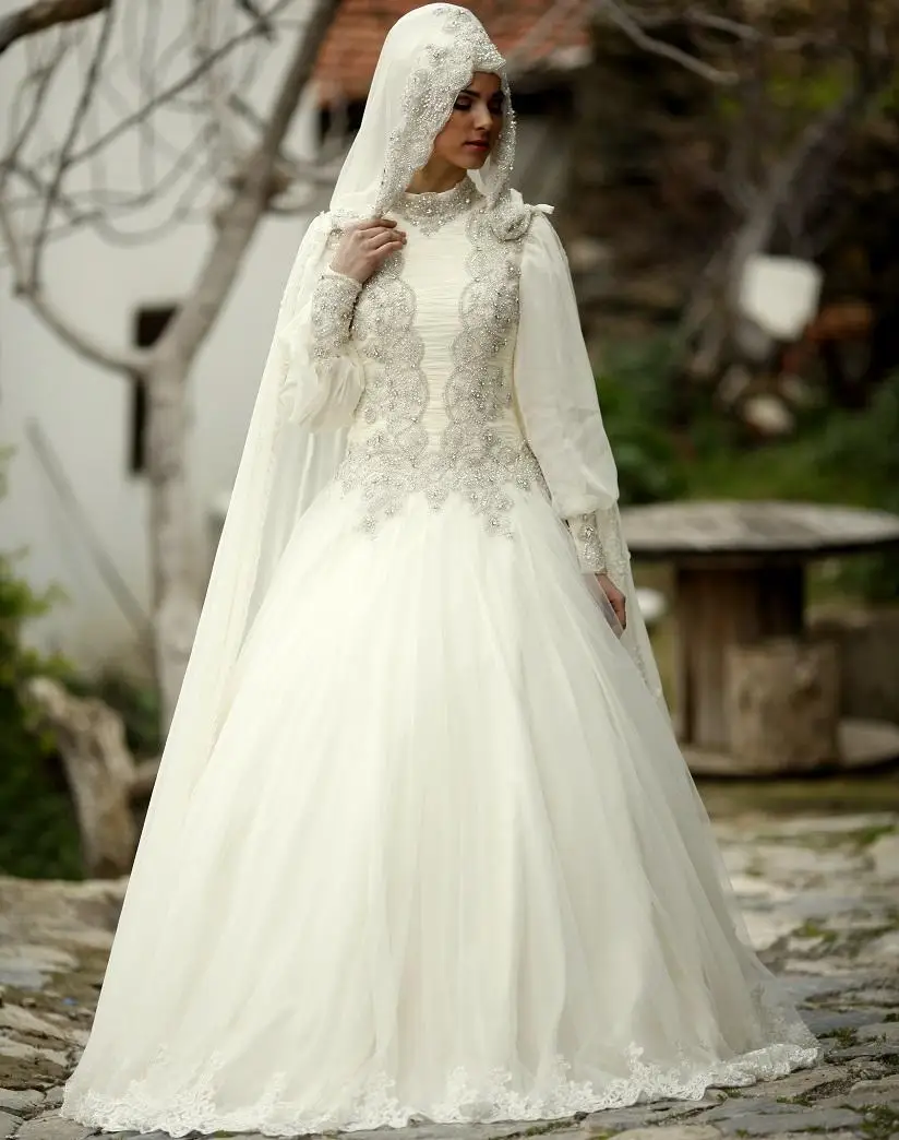 Demure Full Sleeve High Neck Zipper Up Arab Wedding Dresses Beading