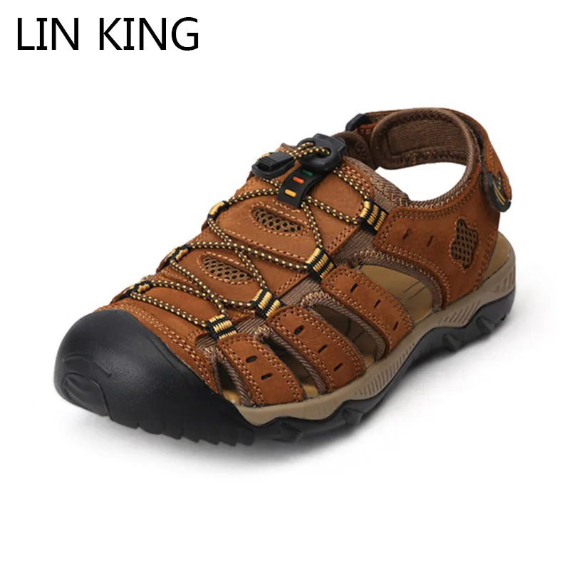 

LIN KING Plus Size Man Sandals Genuine Leather Men Summer Beach Shoes Soft Sole Foot Protective Male Outdoor Casual Hiking Shoes