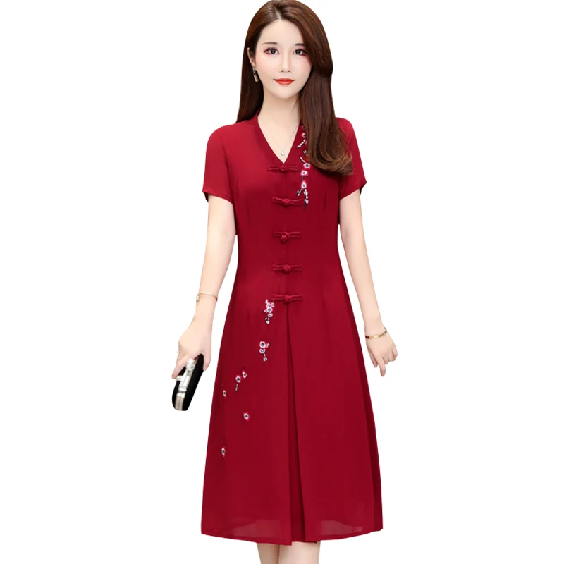 

Summer Chiffon Dresses 2019 New Middle Age Women Floral Embroidery Vintage Party Dress Fashion Casual Elegant Mom Clothes A604