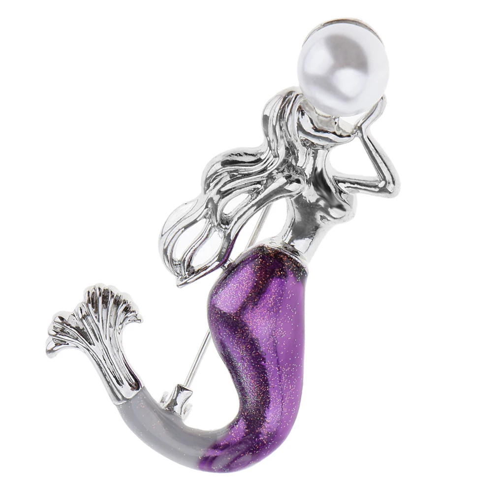 Buy Fashion Silvertone Purple Mermaid Pin Brooch Lapel Pin with White Pearl