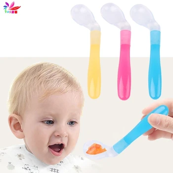 

Baby Spoon Silicone Safety Bend Curve Feeding Infant Supplies Tableware Cutlery 3 color